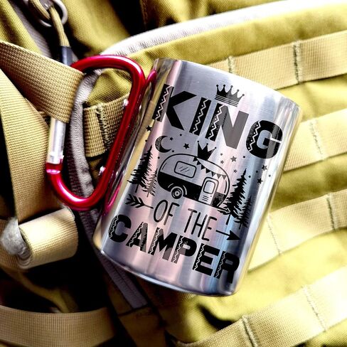 Marsrut Stainless Steel Mug with Carabiner Handle - Funny Camping Saying, King Of The Camper - Portable and Durable Travel Mug for Outdoor Adventures - 10 oz in Kuwait