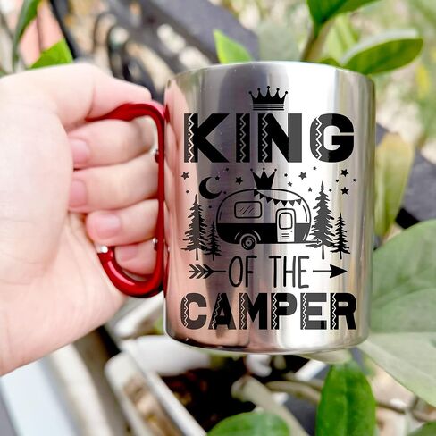 Marsrut Stainless Steel Mug with Carabiner Handle - Funny Camping Saying, King Of The Camper - Portable and Durable Travel Mug for Outdoor Adventures - 10 oz in Kuwait