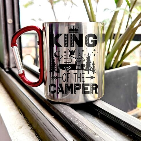Marsrut Stainless Steel Mug with Carabiner Handle - Funny Camping Saying, King Of The Camper - Portable and Durable Travel Mug for Outdoor Adventures - 10 oz in Kuwait