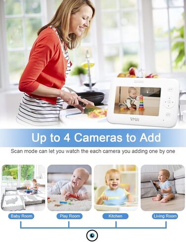 جهاز مراقبة الطفل، جهاز مراقبة الطفل بالفيديو مقاس 4.3 بوصة مع كاميرتين، رؤية ليلية، مراقبة درجة الحرارة، 5 تهويدات، محادثة ثنائية الاتجاه، وضع VOX، منبه لوقت التغذية، يدعم ما يصل إلى 4 كاميرات، ناقل حركة ثابت بطول 1000 قدم in Kuwait