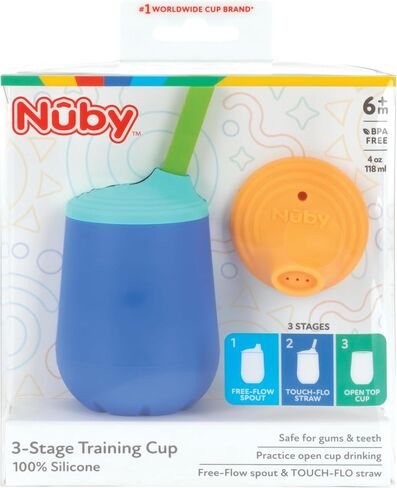 Nuby First Training Cup Set, 4oz Silicone Tumbler with Spout and Straw Combo, 1 pk, Boy in Saudi Arabia