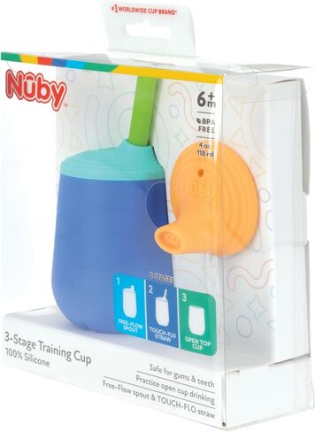 Nuby First Training Cup Set, 4oz Silicone Tumbler with Spout and Straw Combo, 1 pk, Boy in Saudi Arabia