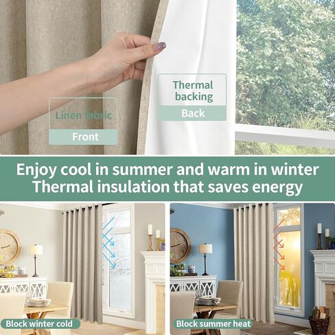 ستائر تعتيم كتان من كويماس لغرفة النوم بطول 63 بوصة لوحتين، ستائر معزولة حراريًا بنسبة 100% لمنع الضوء لتغميق الغرفة، ستائر نافذة بحلقات معدنية عازلة للصوت (52 × 63 بوصة، أبيض عاجي) in Kuwait