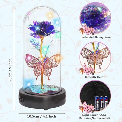 هدايا وردة عيد الأم للأم، وردة زجاجية جالاكسي مع ديكور فراشة صندوق الموسيقى، زهرة ملونة تضيء إلى الأبد، وردة الجمال والوحش في قبة زجاجية، هدية رومانسية لعيد الحب وعيد الميلاد in Kuwait