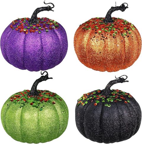 Winlyn Set of 4 Assorted Glittered and Sequined Artificial Halloween Pumpkins Decorative Pumpkins Foam Pumpkins in Orange Green Purple Black for Chic Glam Fall Halloween Table Centerpiece Decor in Saudi Arabia