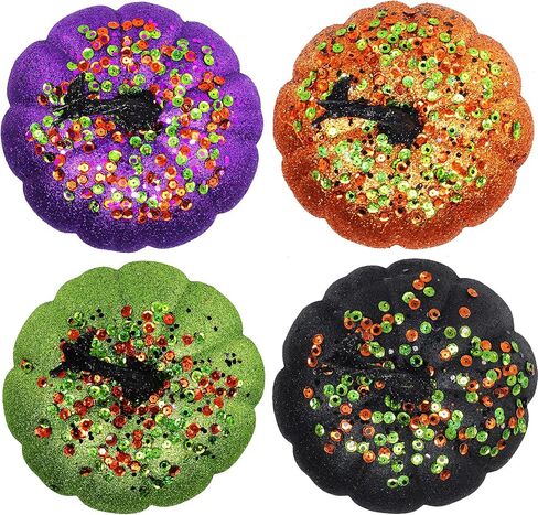 Winlyn Set of 4 Assorted Glittered and Sequined Artificial Halloween Pumpkins Decorative Pumpkins Foam Pumpkins in Orange Green Purple Black for Chic Glam Fall Halloween Table Centerpiece Decor in Saudi Arabia