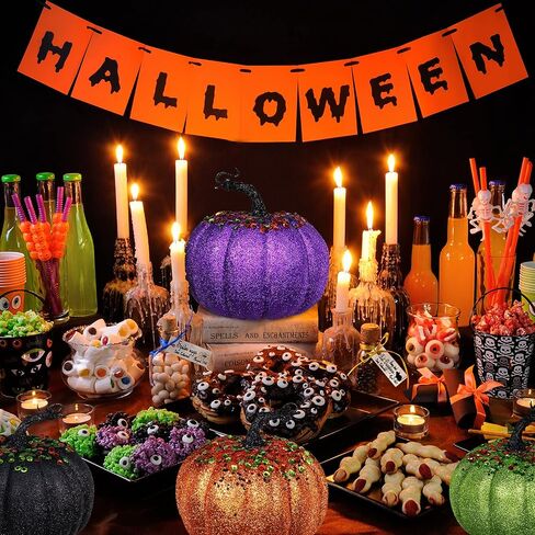 Winlyn Set of 4 Assorted Glittered and Sequined Artificial Halloween Pumpkins Decorative Pumpkins Foam Pumpkins in Orange Green Purple Black for Chic Glam Fall Halloween Table Centerpiece Decor in Saudi Arabia