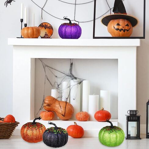 Winlyn Set of 4 Assorted Glittered and Sequined Artificial Halloween Pumpkins Decorative Pumpkins Foam Pumpkins in Orange Green Purple Black for Chic Glam Fall Halloween Table Centerpiece Decor in Saudi Arabia