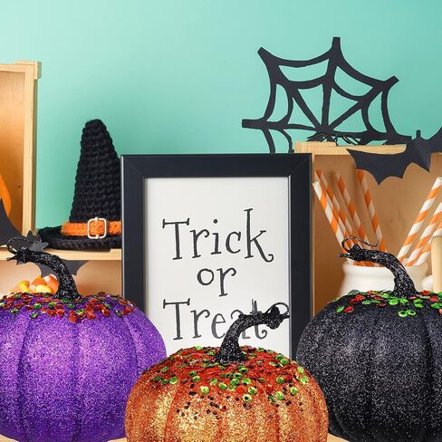 Winlyn Set of 4 Assorted Glittered and Sequined Artificial Halloween Pumpkins Decorative Pumpkins Foam Pumpkins in Orange Green Purple Black for Chic Glam Fall Halloween Table Centerpiece Decor in Saudi Arabia