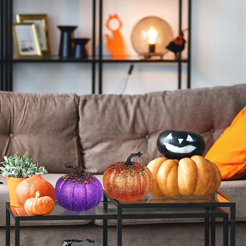 Winlyn Set of 4 Assorted Glittered and Sequined Artificial Halloween Pumpkins Decorative Pumpkins Foam Pumpkins in Orange Green Purple Black for Chic Glam Fall Halloween Table Centerpiece Decor in Saudi Arabia