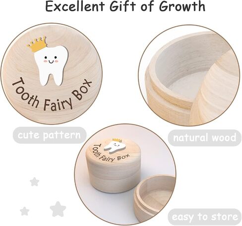 Azbuk Crown Tooth Box for Kids, Tooth Fairy Wooden Box and 3D Tooth, Stores Lost Teeth for Boys and Girls Easy to Carry, Dropped Tooth Keepsake Storage Box to Place Under Pillow, Teeth Container Box in Saudi Arabia