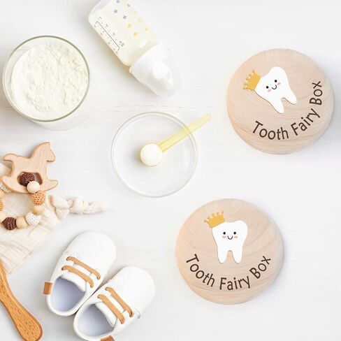 Azbuk Crown Tooth Box for Kids, Tooth Fairy Wooden Box and 3D Tooth, Stores Lost Teeth for Boys and Girls Easy to Carry, Dropped Tooth Keepsake Storage Box to Place Under Pillow, Teeth Container Box in Saudi Arabia