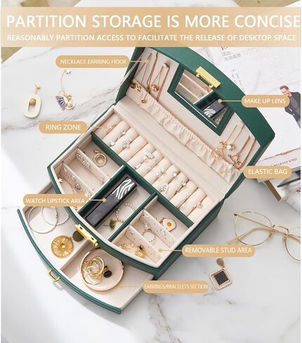 صندوق مجوهرات من BUTI4WLD للنساء أو الفتيات، منظم مجوهرات مصنوع من جلد البولي يوريثين، 3 طبقات لتخزين المجوهرات للخواتم والأقراط والقلائد والأساور والساعات الصغيرة (أخضر) in Kuwait