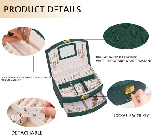 صندوق مجوهرات من BUTI4WLD للنساء أو الفتيات، منظم مجوهرات مصنوع من جلد البولي يوريثين، 3 طبقات لتخزين المجوهرات للخواتم والأقراط والقلائد والأساور والساعات الصغيرة (أخضر) in Kuwait