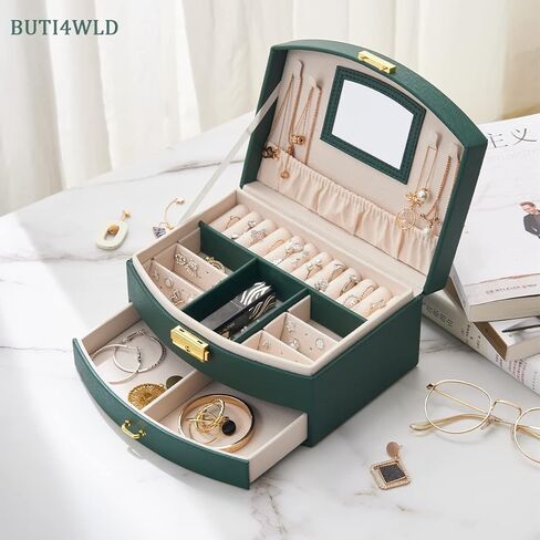 صندوق مجوهرات من BUTI4WLD للنساء أو الفتيات، منظم مجوهرات مصنوع من جلد البولي يوريثين، 3 طبقات لتخزين المجوهرات للخواتم والأقراط والقلائد والأساور والساعات الصغيرة (أخضر) in Kuwait