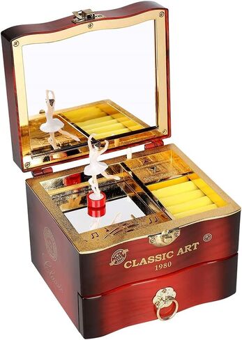 صندوق مجوهرات موسيقي، صندوق مجوهرات موسيقي للفتيات على شكل راقصة الباليه، علبة موسيقى بيضاء للأطفال مع درج وهدية لحن بحيرة البجع لصديقته في عيد ميلاد عيد الميلاد وعيد الحب (بني) in Kuwait