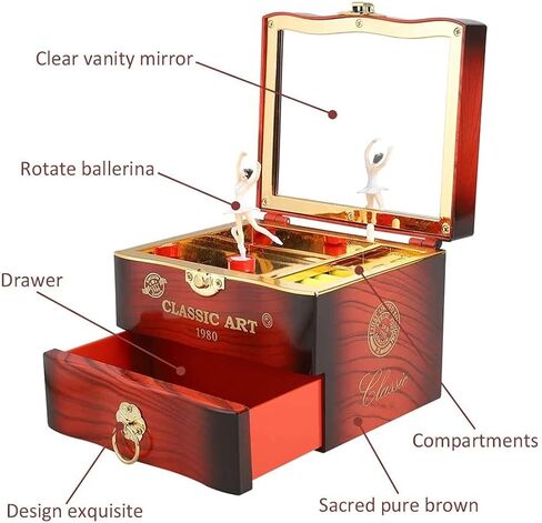 صندوق مجوهرات موسيقي، صندوق مجوهرات موسيقي للفتيات على شكل راقصة الباليه، علبة موسيقى بيضاء للأطفال مع درج وهدية لحن بحيرة البجع لصديقته في عيد ميلاد عيد الميلاد وعيد الحب (بني) in Kuwait