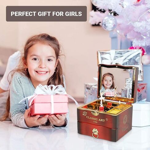 صندوق مجوهرات موسيقي، صندوق مجوهرات موسيقي للفتيات على شكل راقصة الباليه، علبة موسيقى بيضاء للأطفال مع درج وهدية لحن بحيرة البجع لصديقته في عيد ميلاد عيد الميلاد وعيد الحب (بني) in Kuwait