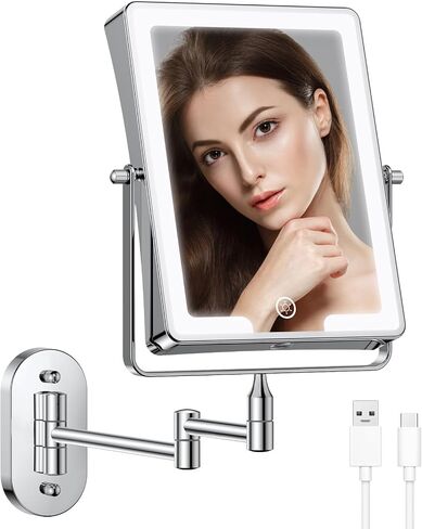 FASCINATE Rechargeable Wall Mounted Makeup Mirror, Bathroom Mirror Rectangle 8.7 Inch Double Sided 1X 10X Magnifying, 3 Color Setting, Extended Arm 360° Swivel Foldable in Kuwait