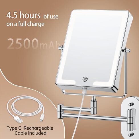 FASCINATE Rechargeable Wall Mounted Makeup Mirror, Bathroom Mirror Rectangle 8.7 Inch Double Sided 1X 10X Magnifying, 3 Color Setting, Extended Arm 360° Swivel Foldable in Kuwait