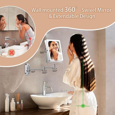 FASCINATE Rechargeable Wall Mounted Makeup Mirror, Bathroom Mirror Rectangle 8.7 Inch Double Sided 1X 10X Magnifying, 3 Color Setting, Extended Arm 360° Swivel Foldable in Kuwait