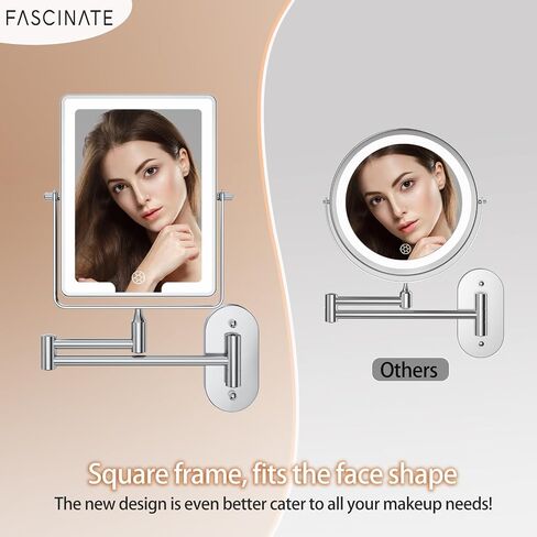 FASCINATE Rechargeable Wall Mounted Makeup Mirror, Bathroom Mirror Rectangle 8.7 Inch Double Sided 1X 10X Magnifying, 3 Color Setting, Extended Arm 360° Swivel Foldable in Kuwait