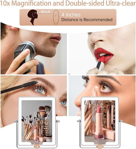 FASCINATE Rechargeable Wall Mounted Makeup Mirror, Bathroom Mirror Rectangle 8.7 Inch Double Sided 1X 10X Magnifying, 3 Color Setting, Extended Arm 360° Swivel Foldable in Kuwait