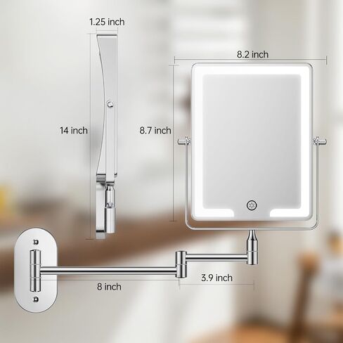 FASCINATE Rechargeable Wall Mounted Makeup Mirror, Bathroom Mirror Rectangle 8.7 Inch Double Sided 1X 10X Magnifying, 3 Color Setting, Extended Arm 360° Swivel Foldable in Kuwait
