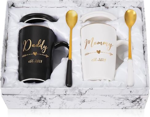 هدايا Maustic للآباء الجدد، هدايا الآباء الجدد للأزواج، مؤسسة الأم والأب 2024 هدايا، هدايا الأم والأب للآباء الجدد، هدايا إعلان الحمل، مجموعة أكواب الأم والأب 14 أونصة مع صندوق هدايا in Kuwait