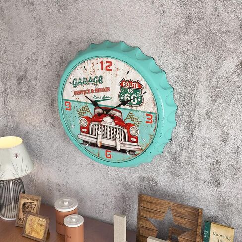 ساعة حائط حديدية بتصميم غطاء زجاجة Mentry، طراز عتيق مقاس 13 بوصة، ساعات حائط ديكور إبداعية صامتة غير موقوتة تعمل بالبطارية للمقاهي والمزرعة والمكتب والمطبخ (أزرق) in Kuwait