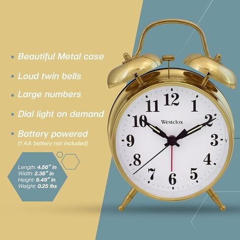 Westclox Big Ben Gold Twin Bell Alarm Clock | Loud Alarm Clock for Heavy Sleepers | Battery Operated Analog Clock with Backlight for Bedside Table, Kids Room, Desk | Aesthetic Room Décor in Kuwait