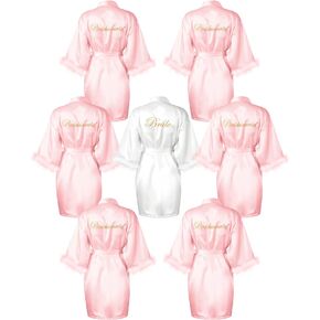 Bonuci 7 Pcs Bridesmaids Robes with Feather Trim Bride Satin Robe Bridesmaids Kimono Bathrobe Sleepwear for Wedding Party