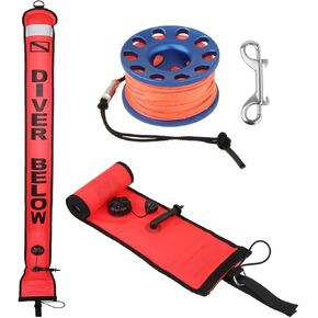 YUNNLEZT 5ft Surface Marker Buoy SMB Scuba Diving with 98ft Aluminum Finger Spool Reel and Double Ended Bolt Clip for Underwater Diving Snorkeling in Kuwait