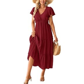 Arach&Cloz Womens' 2023 Spring Summer Maxi Dress Flutter Short Sleeve Tiered V Neck Ruffle Long Dresses