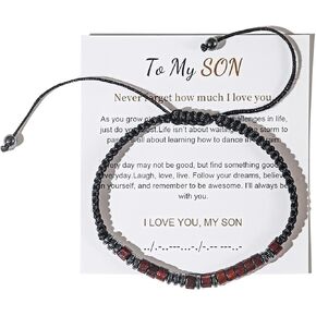 Caiyao To My Son Grandson/Son Hematite Wood Wooded Bead Morse Code Bracelet Adjustable Braided String Wristband Bracelet for Men Boy Men Girl Daughter Handmade Graduation Gift Inspirational Jewelry in Saudi Arabia