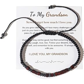 Caiyao To My Son Grandson/Son Hematite Wood Wooded Bead Morse Code Bracelet Adjustable Braided String Wristband Bracelet for Men Boy Men Girl Daughter Handmade Graduation Gift Inspirational Jewelry