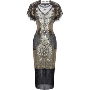 FAIRY COUPLE 1920s Knee Length Flapper Party Dress Layer Tassels Hem Sequined Cap Sleeve Cocktail Dresses
