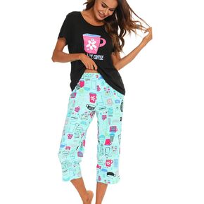 ENJOYNIGHT Women's Pajama Sets Cotton Sleepwear Tops with Capri Pants Cute Pjs