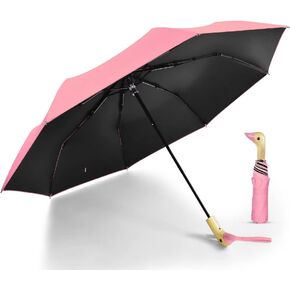 LEAGERA Compact Small Umbrellas for Rain&Sun, Cute Design Duck Head Umbrella for Girls Gifts, 8 Ribs Folding Umbrella with Wooden Handle