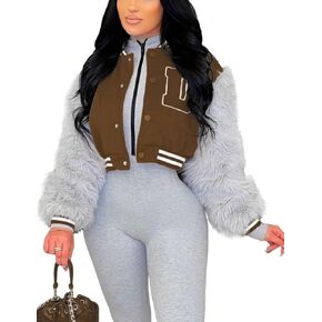 KANSOON Varsity Jacket Women Faux Fur Sleeve Cropped Baseball Jacket Button Up Casual Patchwork Letterman Coat