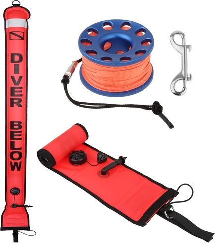 YUNNLEZT 5ft Surface Marker Buoy SMB Scuba Diving with 98ft Aluminum Finger Spool Reel and Double Ended Bolt Clip for Underwater Diving Snorkeling in Kuwait