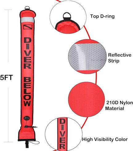 YUNNLEZT 5ft Surface Marker Buoy SMB Scuba Diving with 98ft Aluminum Finger Spool Reel and Double Ended Bolt Clip for Underwater Diving Snorkeling in Kuwait