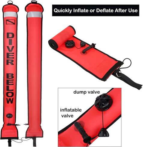 YUNNLEZT 5ft Surface Marker Buoy SMB Scuba Diving with 98ft Aluminum Finger Spool Reel and Double Ended Bolt Clip for Underwater Diving Snorkeling in Kuwait