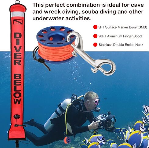 YUNNLEZT 5ft Surface Marker Buoy SMB Scuba Diving with 98ft Aluminum Finger Spool Reel and Double Ended Bolt Clip for Underwater Diving Snorkeling in Kuwait