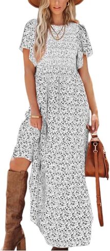 PRETTYGARDEN Women's 2026 Summer Casual Flutter Short Sleeve Boho Floral Maxi Dress Crew Neck Smocked Tiered Long Dresses in Saudi Arabia