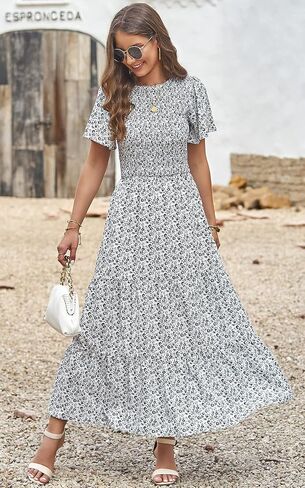 PRETTYGARDEN Women's 2026 Summer Casual Flutter Short Sleeve Boho Floral Maxi Dress Crew Neck Smocked Tiered Long Dresses in Saudi Arabia