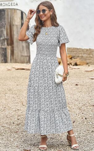 PRETTYGARDEN Women's 2026 Summer Casual Flutter Short Sleeve Boho Floral Maxi Dress Crew Neck Smocked Tiered Long Dresses in Saudi Arabia