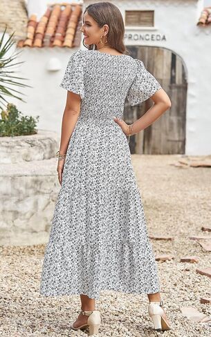 PRETTYGARDEN Women's 2026 Summer Casual Flutter Short Sleeve Boho Floral Maxi Dress Crew Neck Smocked Tiered Long Dresses in Saudi Arabia