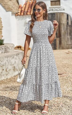 PRETTYGARDEN Women's 2026 Summer Casual Flutter Short Sleeve Boho Floral Maxi Dress Crew Neck Smocked Tiered Long Dresses in Saudi Arabia