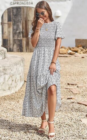 PRETTYGARDEN Women's 2026 Summer Casual Flutter Short Sleeve Boho Floral Maxi Dress Crew Neck Smocked Tiered Long Dresses in Saudi Arabia